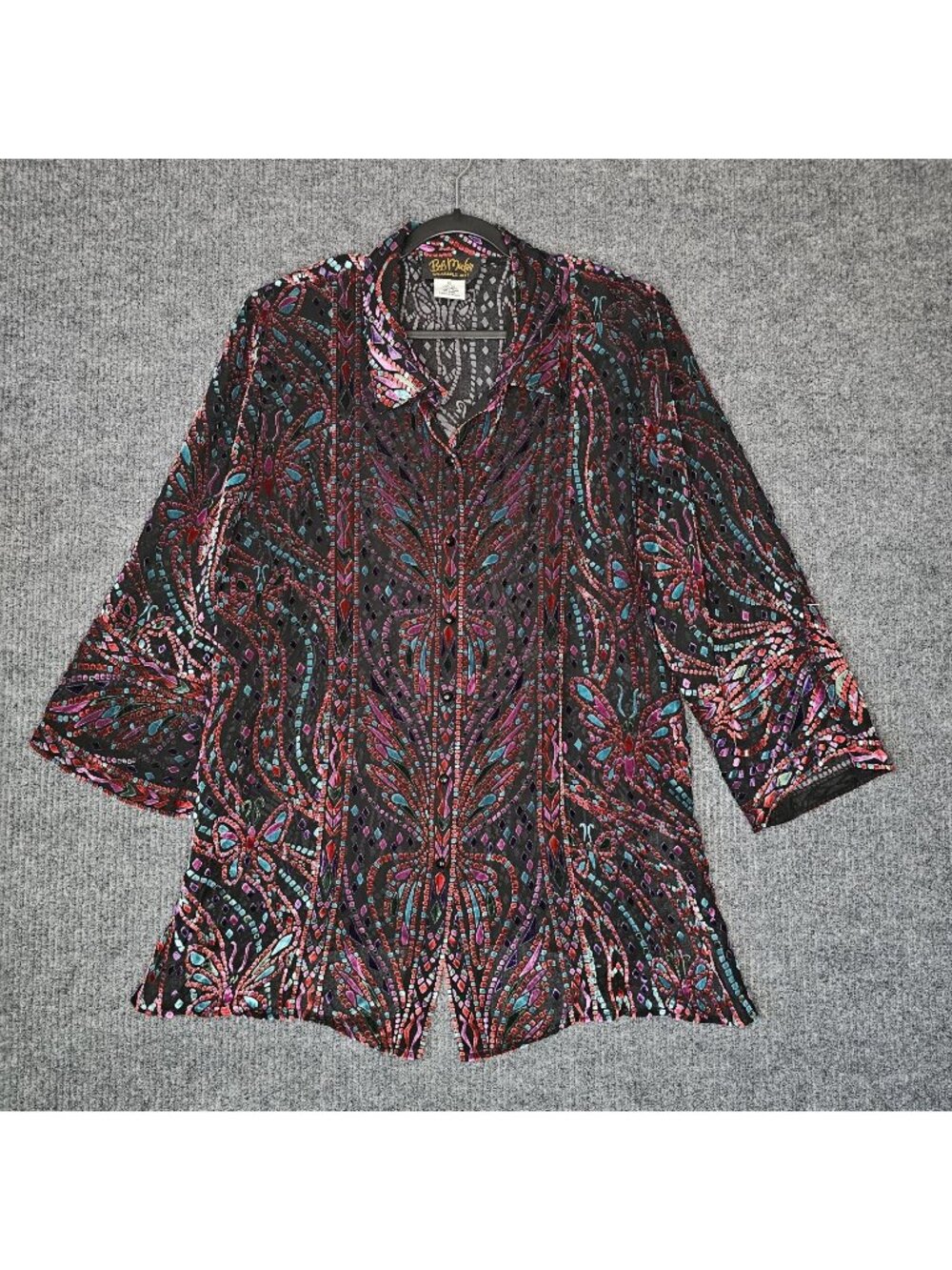 VTG BOB MACKIE Wearable art XL Silk blouse tunic sheer Burnout Velour Festival